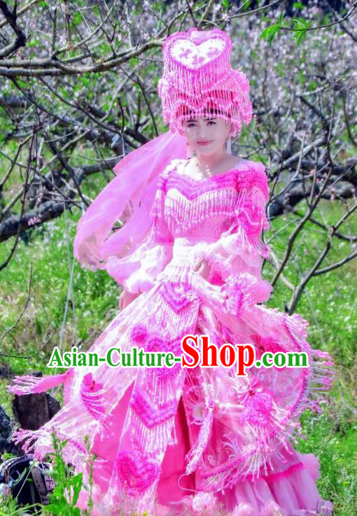China Mengzi Minority Bride Costumes and Headdress Miao Nationality Wedding Dress Traditional Ethnic Stage Performance Apparels