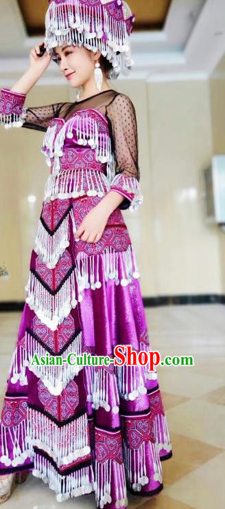 China Traditional Yunnan Miao Ethnic Folk Dance Apparels Minority Stage Performance Purple Long Dress Nationality Women Costumes and Headwear