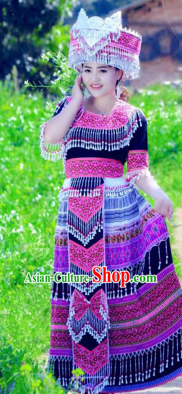 China Wenshan Miao Nationality Long Dress and Hat Traditional Ethnic Folk Dance Apparels Yunnan Minority Costumes