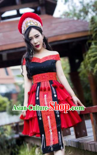 China Miao Nationality Red Short Dress and Hat Traditional Ethnic Folk Dance Apparels Yunnan Minority Sexy Costumes