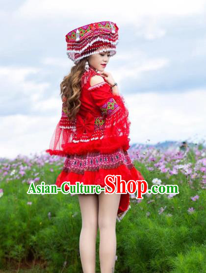 Yunnan Ethnic Women Apparels Minority Wedding Costumes China Yunnan Nationality Red Short Dress and Hat