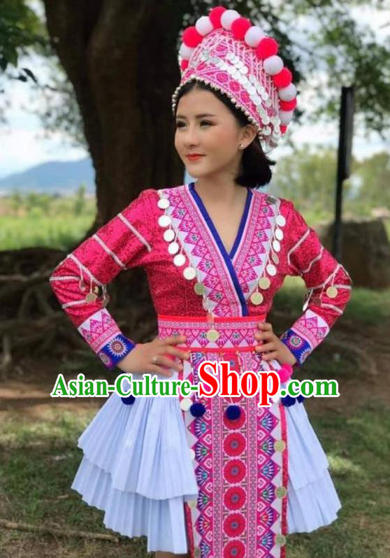 China Yi Minority Rosy Blouse and Skirt Ethnic Nationality Stage Performance Costumes Women Clothing and Headwear