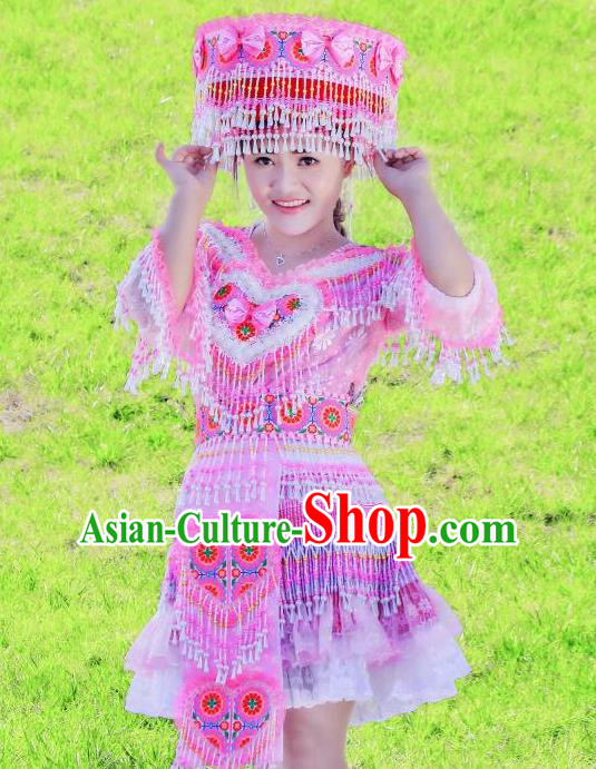 Wenshan Miao Ethnic Women Apparels Minority Folk Dance Costumes China Yunnan Nationality Pink Short Dress and Headpiece