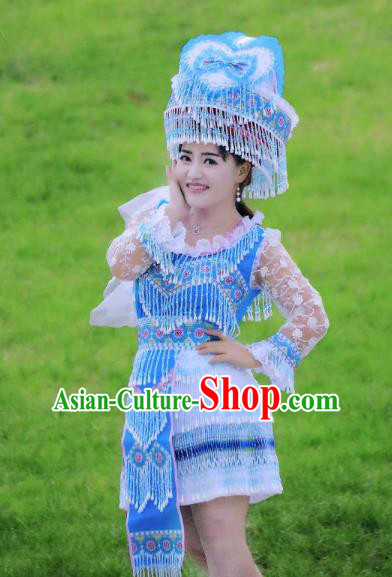 Wenshan Yao Ethnic Women Apparels Minority Folk Dance Costumes China Yunnan Nationality Blue Short Dress and Hat