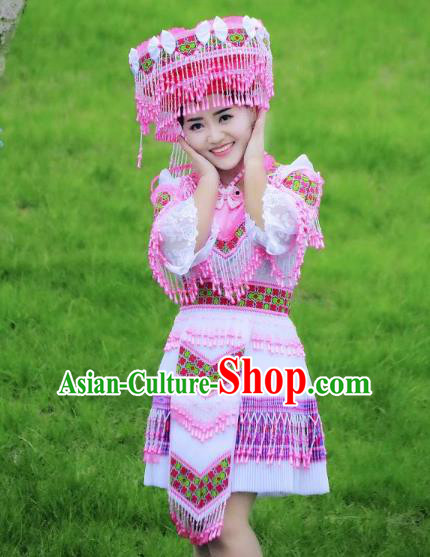 China Yunnan Wenshan Ethnic Women Apparels Minority Costumes Yao Nationality Folk Dance Short Dress and Hat