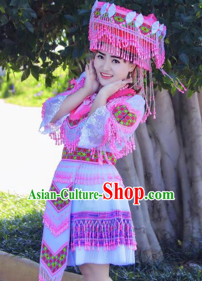 China Yunnan Wenshan Ethnic Women Apparels Minority Costumes Yao Nationality Folk Dance Short Dress and Hat