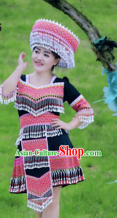 China Guizhou Ethnic Women Apparels Minority Costumes Guangxi Miao Nationality Folk Dance Black Short Dress Dress and Headpiece