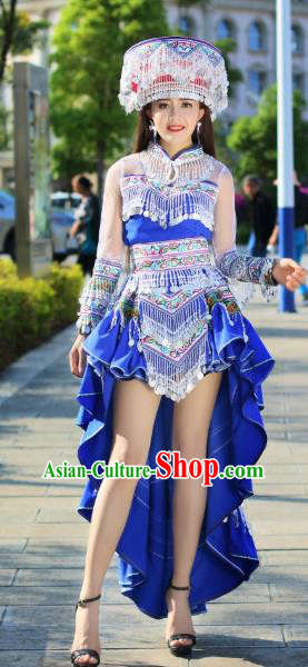 China Traditional Yi Ethnic Apparels Nationality Folk Dance Costumes Minority Stage Performance Royalblue Dress and Headdress