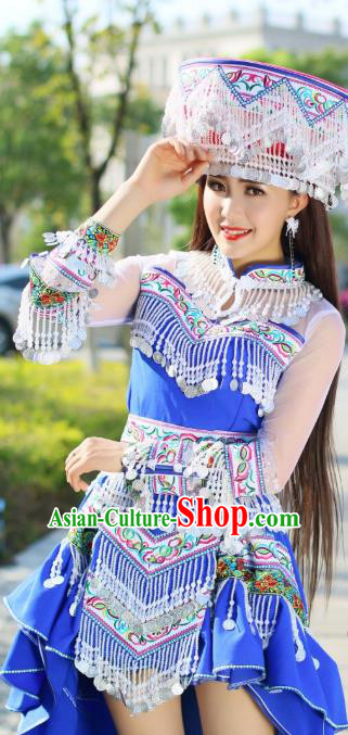 China Traditional Yi Ethnic Apparels Nationality Folk Dance Costumes Minority Stage Performance Royalblue Dress and Headdress