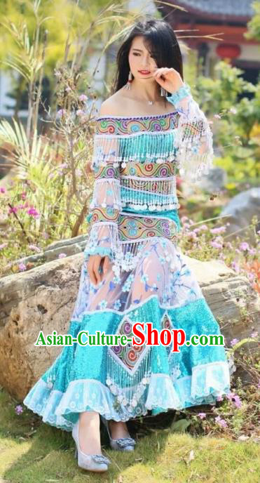 China Miao Nationality Female Clothing Blue Blouse and Long Skirt Travel Photography Ethnic Costumes with Headwear