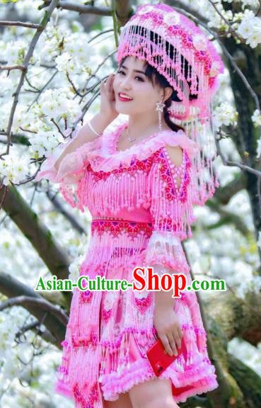 Bride Rosy Blouse and Short Skirt Travel Photography Ethnic Costumes with Hat China Miao Nationality Women Clothing