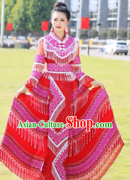 China Miao Nationality Bride Red Dress Ethnic Stage Performance Clothing Travel Photography Costumes with Headdress
