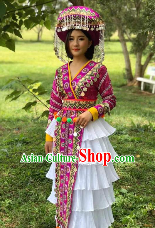 China Ethnic Rosy Blouse and Long Skirt Nationality Women Stage Performance Costumes Yi Minority Dance Clothing with Hat