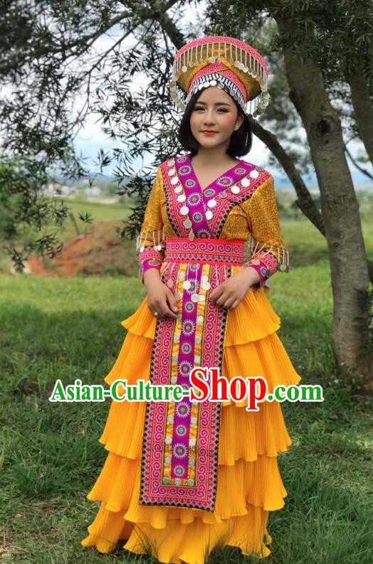 China Ethnic Nationality Stage Performance Costumes Yi Minority Women Clothing Golden Blouse and Long Skirt with Headpiece