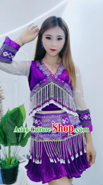 China Ethnic Purple Blouse and Short Skirt Nationality Female Stage Performance Costumes Minority Clothing