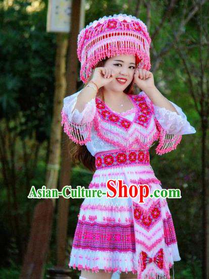 China Fashion Yi Ethnic Clothing Minority Stage Show Costumes Travel Photography Beads Tassel White Blouse and Short Skirt with Headdress