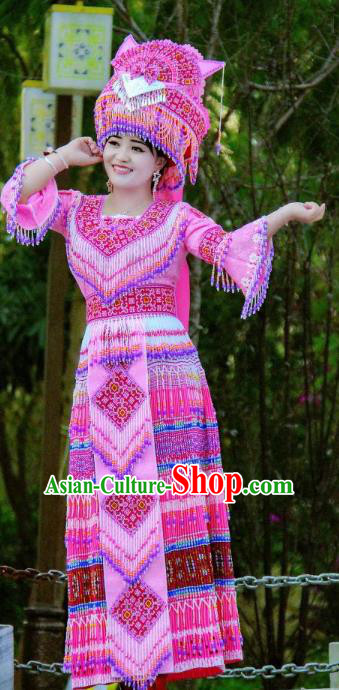 China Zhuang Ethnic Wedding Clothing Minority Bride Costumes Travel Photography Rosy Beads Tassel Dress with Headwear