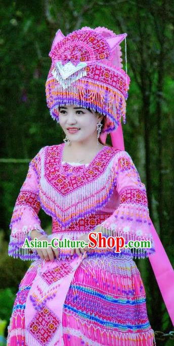 China Zhuang Ethnic Wedding Clothing Minority Bride Costumes Travel Photography Rosy Beads Tassel Dress with Headwear