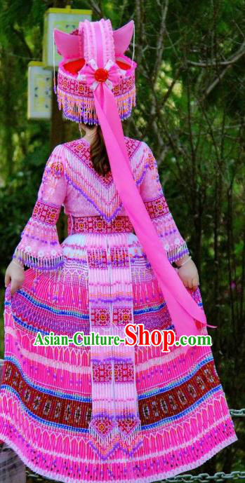 China Zhuang Ethnic Wedding Clothing Minority Bride Costumes Travel Photography Rosy Beads Tassel Dress with Headwear