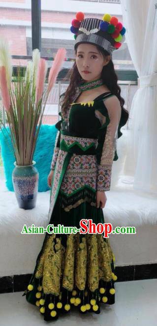 China Ethnic Folk Dance Deep Green Velvet Dress Guizhou Miao Minority Traditional Clothing Travel Photography Fashion with Hat