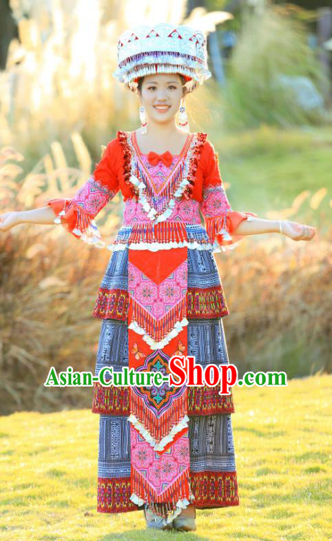 Miao Minority Folk Dance Costumes China Miao Ethnic Celebration Clothing Traditional Fashion with Hat