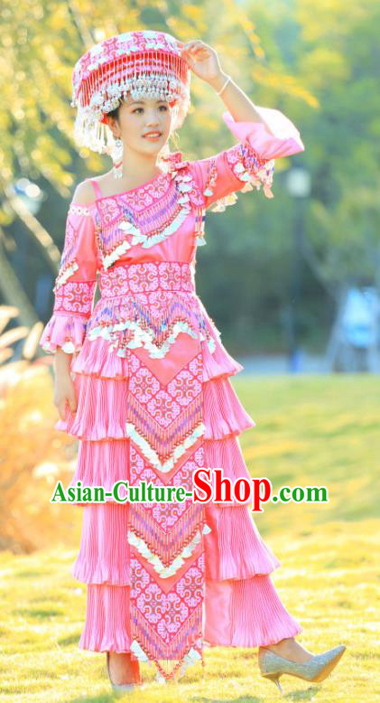 Miao Minority Nationality One Shoulder Dress China Miao Ethnic Celebration Costume Traditional Clothing with Hat