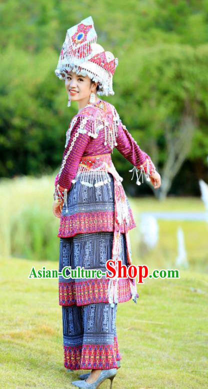 China Ethnic Women Celebration Costume Traditional Miao Minority Nationality Dance Clothing Purple Dress with Headdress