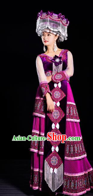 China Guizhou Miao Minority Traditional Clothing Travel Photography Fashion Ethnic Folk Dance Purple Velvet Dress with Hat