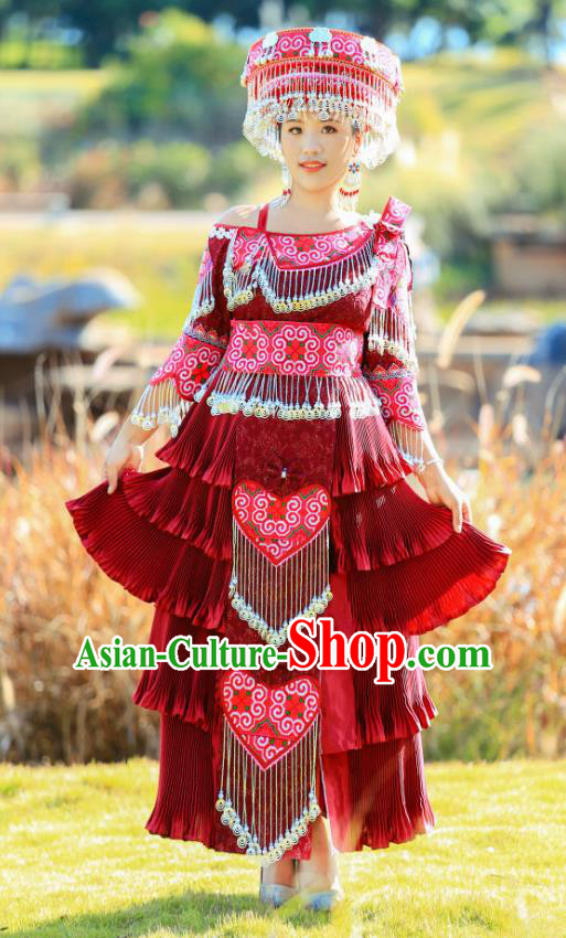 China Ethnic Traditional Festival Costume Miao Minority Nationality Celebration Clothing Deep Red Dress with Headdress