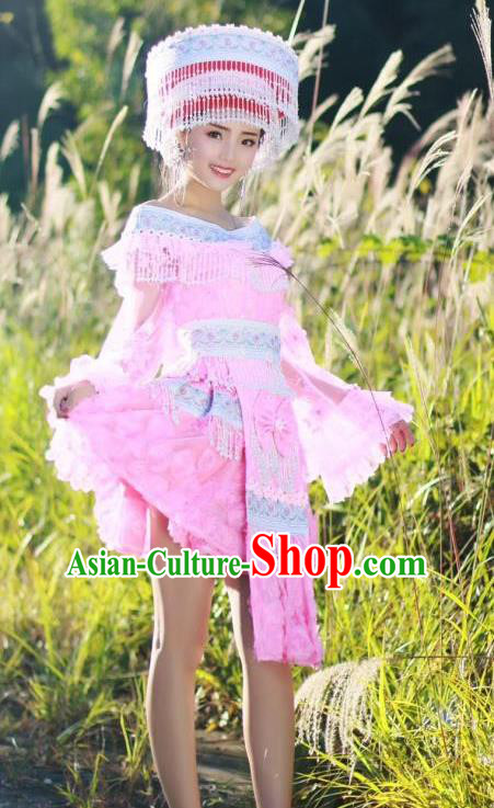 China Ethnic Miao Nationality Pink Blouse and Short Skirt Traditional Festival Costume Minority Celebration Dress with Headwear