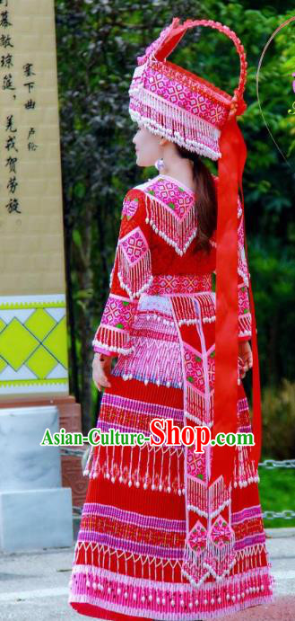 China Traditional Yi Nationality Costumes Minority Folk Dance Dress Miao Ethnic Bride Red Clothing and Headpiece