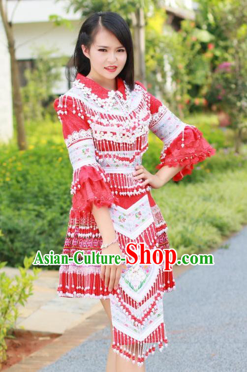 China Traditional Miao Minority Costumes Yunnan Tourist Attraction Stage Performance Clothing Ethnic Nationality Red Dress and Hat