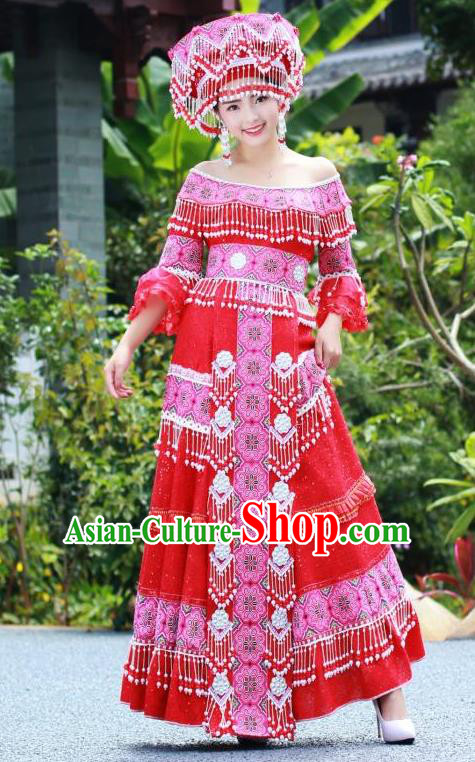 China Miao Minority Wedding Costumes Yunnan Tourist Attraction Stage Performance Clothing Traditional Ethnic Dance Long Dress and Hat