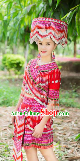 China Guizhou Folk Dance Red Short Dress Miao Minority Female Clothing Tourist Attraction Photography Costumes and Hat