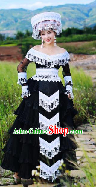 China Ethnic Festival Women Black Dress Guizhou Miao Minority Celebration Clothing Folk Dance Costumes and Hat