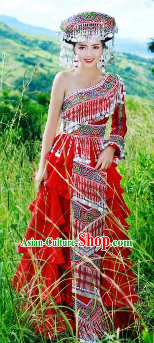 China Tujia Ethnic Festival Women Red Dress Folk Dance Costumes Guizhou Minority Celebration Clothing and Hat