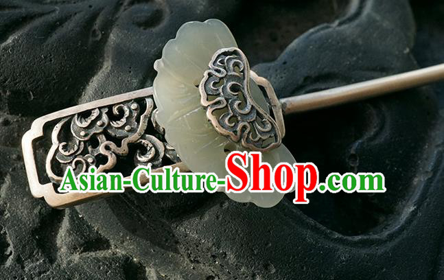 Chinese Ancient Princess Silver Carving Hair Accessories Traditional Cheongsam Jade Hairpin