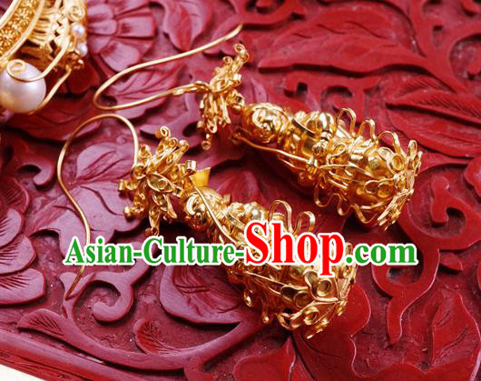 Top Grade Chinese Qing Dynasty Golden Earrings Traditional Handmade Ear Jewelry Ancient Empress Accessories