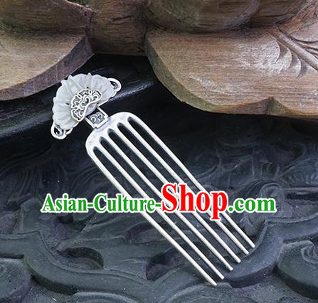 Chinese Classical Silver Carving Hair Comb Hair Accessories Traditional Cheongsam Jade Butterfly Hairpin