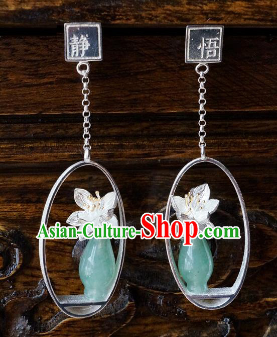 Top Grade Chinese Handmade Silver Orchid Ear Jewelry Traditional Accessories Classical Cheongsam Jade Vase Earrings