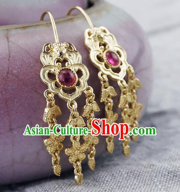 Top Grade Chinese Court Golden Earrings Traditional Handmade Ear Jewelry Qing Dynasty Tourmaline Accessories