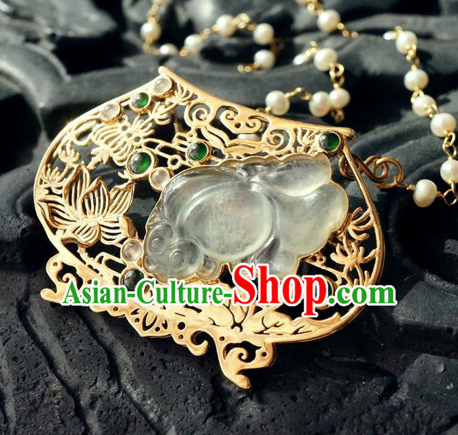 China Classical Qing Dynasty Golden Lotus Brooch Traditional Handmade Court Jade Breastpin