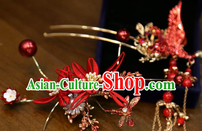 Chinese Classical Hair Accessories Traditional Wedding Red Silk Hairpins Full Set