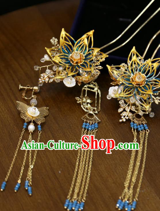 Chinese Classical Tassel Hair Sticks Hair Accessories Traditional Wedding Golden Lotus Hairpins Full Set