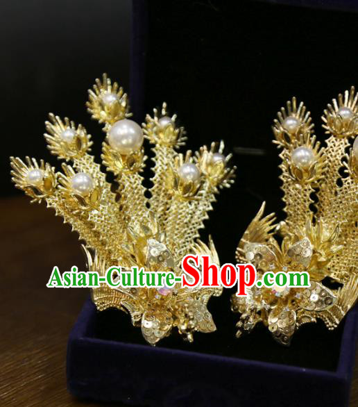 Chinese Classical Golden Phoenix Hair Sticks Hair Accessories Traditional Wedding Hairpins