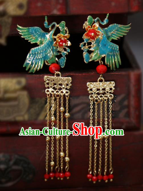 Chinese Classical Blueing Crane Hair Sticks Hair Accessories Traditional Wedding Golden Tassel Hairpins