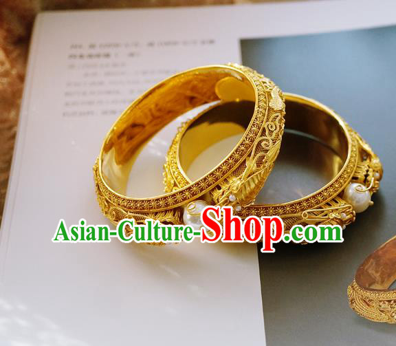 Chinese Traditional Carving Dragon Bangle Accessories Handmade Qing Dynasty Court Golden Bracelet Jewelry