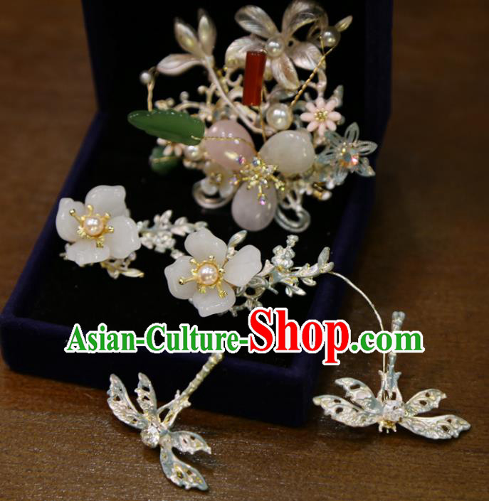 Chinese Wedding Flowers Hairpins Classical Hair Accessories Traditional Argent Dragonfly Hair Sticks Full Set