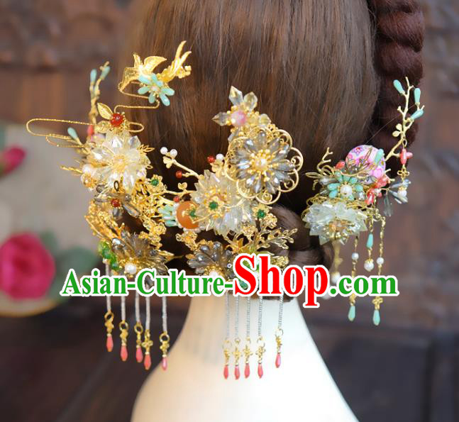 Chinese Wedding Hair Crown Classical Hair Accessories Traditional Tassel Hairpins Full Set