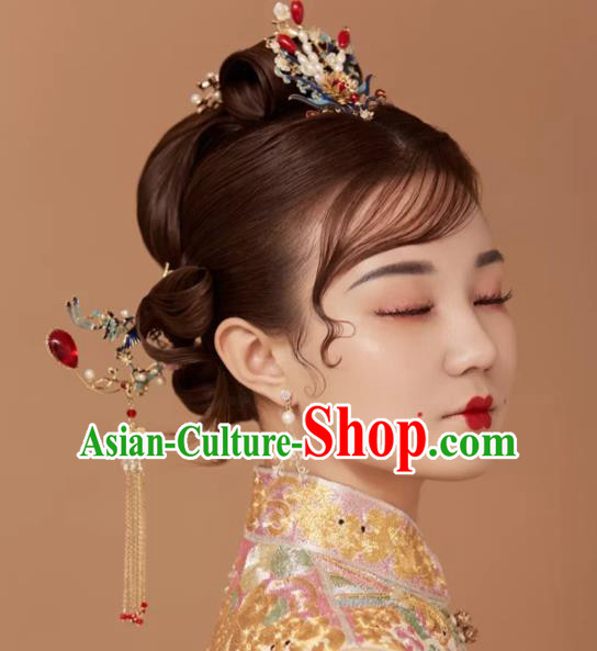 Chinese Wedding Hair Accessories Xiuhe Suit Phoenix Hair Crown Traditional Bride Hairpins Full Set